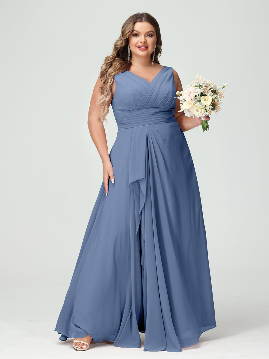 Vestidos Princesa/ Formato A com Decote Em V Sem Mangas Em Chiffon Babados Vestidos de Dama de Honra com Bolsos