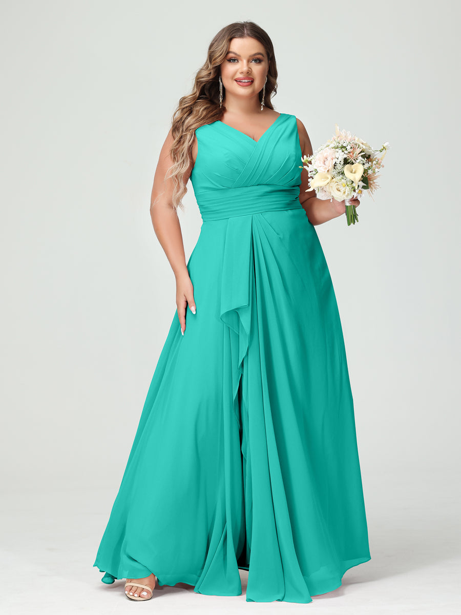 Vestidos Princesa/ Formato A com Decote Em V Sem Mangas Em Chiffon Babados Vestidos de Dama de Honra com Bolsos
