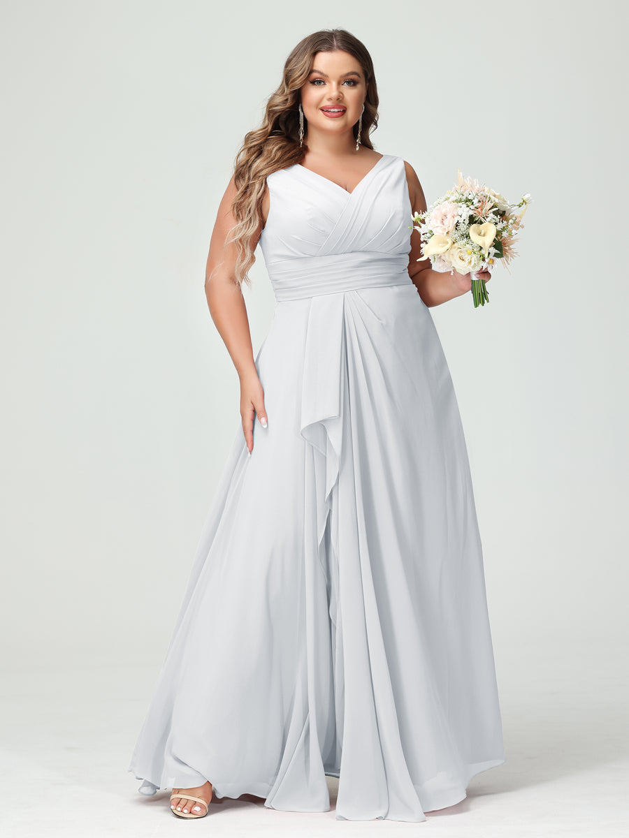 Vestidos Princesa/ Formato A com Decote Em V Sem Mangas Em Chiffon Babados Vestidos de Dama de Honra com Bolsos