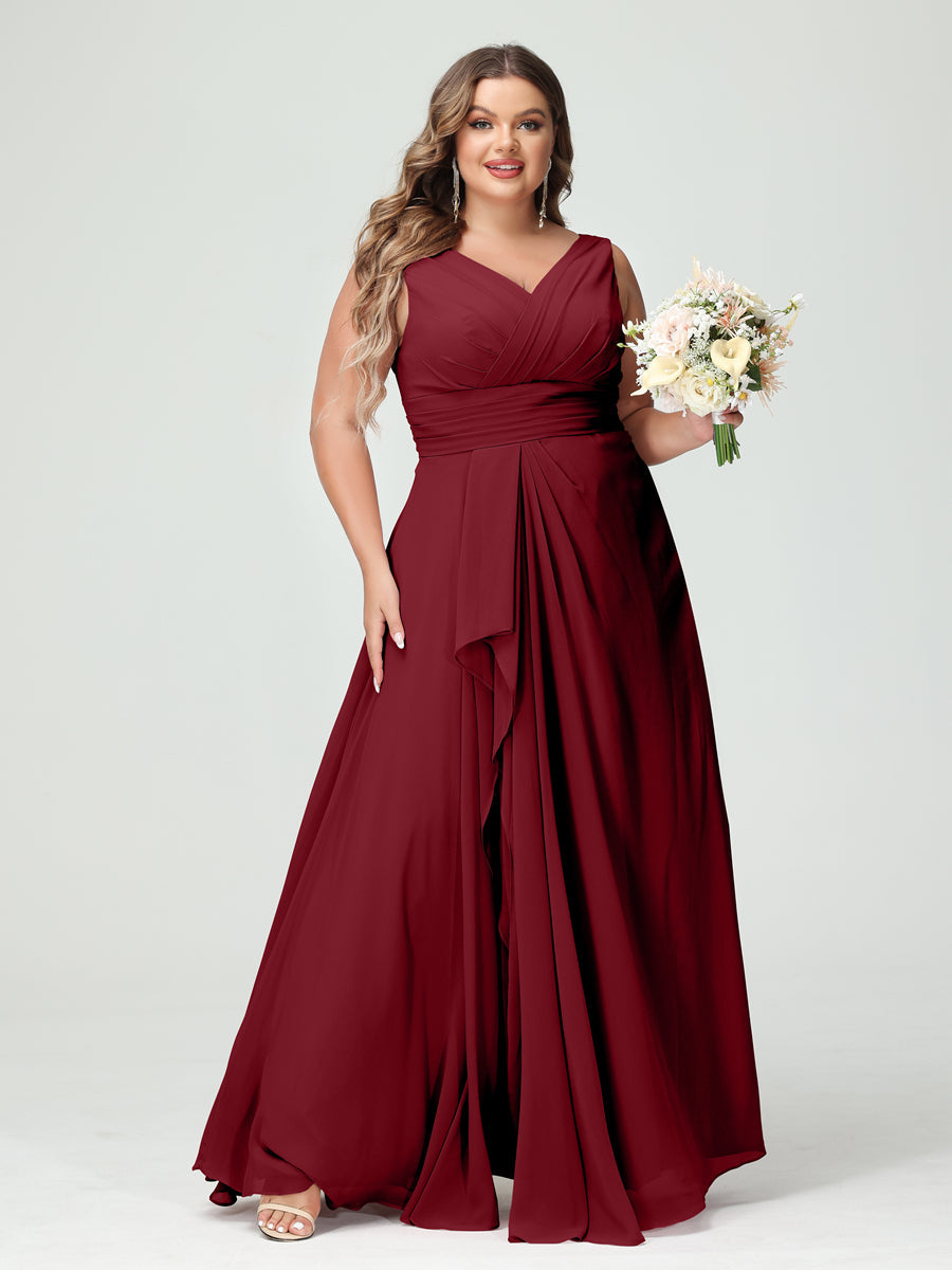 Vestidos Princesa/ Formato A com Decote Em V Sem Mangas Em Chiffon Babados Vestidos de Dama de Honra com Bolsos