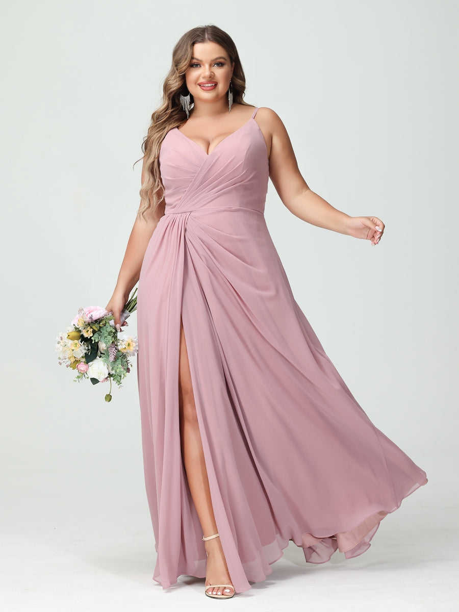 Vestidos Princesa/ Formato A com Alças Finas Sem Mangas Em Chiffon com Divisão Lateral Plus Size Vestidos de Dama de Honra com Bolsos