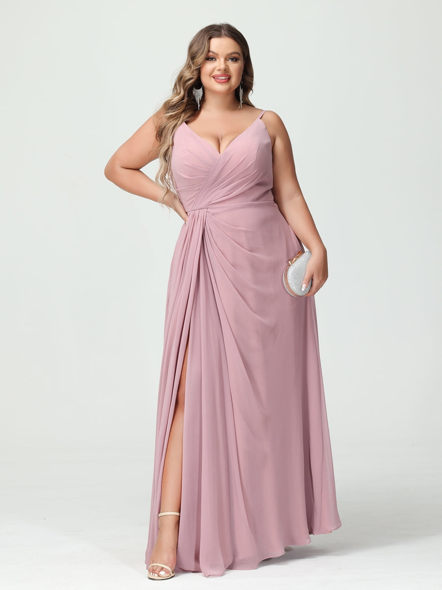 Vestidos Princesa/ Formato A com Alças Finas Sem Mangas Em Chiffon com Divisão Lateral Plus Size Vestidos de Dama de Honra com Bolsos