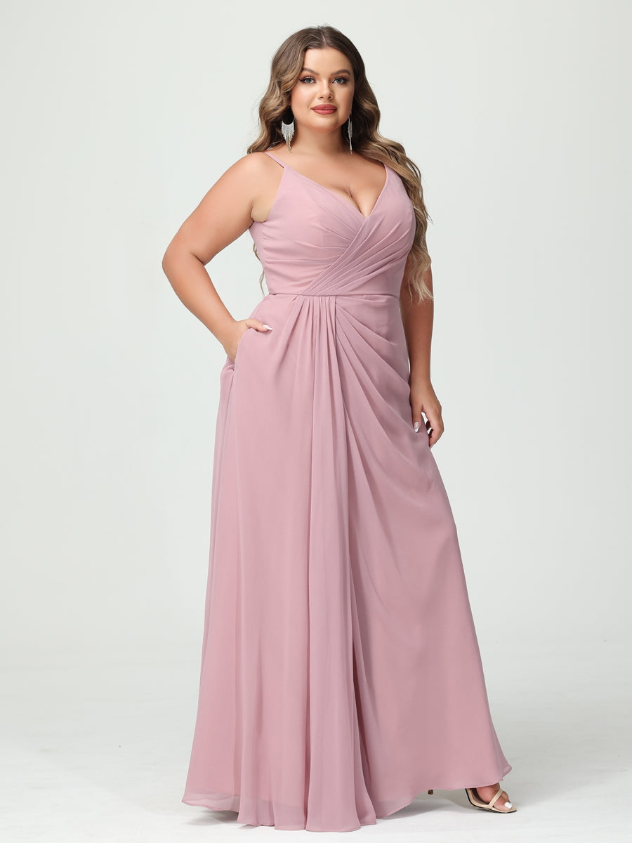 Vestidos Princesa/ Formato A com Alças Finas Sem Mangas Em Chiffon com Divisão Lateral Plus Size Vestidos de Dama de Honra com Bolsos