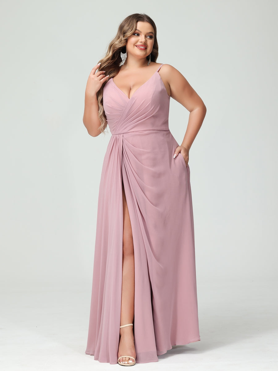 Vestidos Princesa/ Formato A com Alças Finas Sem Mangas Em Chiffon com Divisão Lateral Plus Size Vestidos de Dama de Honra com Bolsos