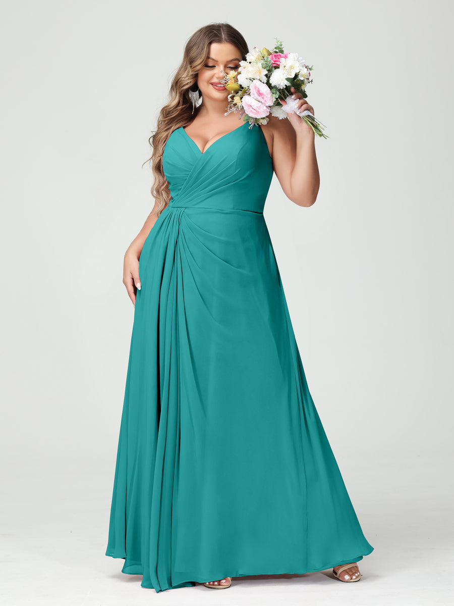 Vestidos Princesa/ Formato A com Alças Finas Sem Mangas Em Chiffon com Divisão Lateral Plus Size Vestidos de Dama de Honra com Bolsos