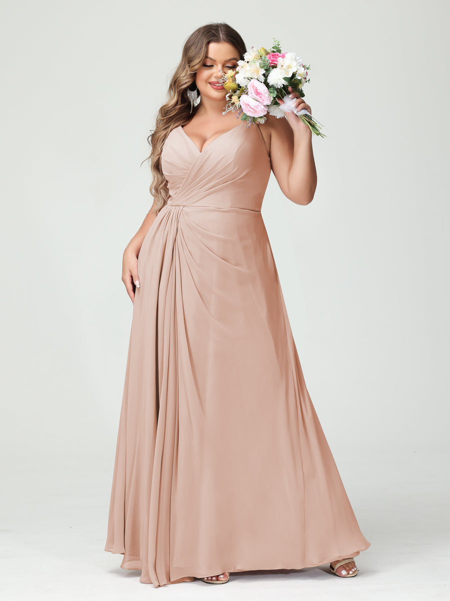 Vestidos Princesa/ Formato A com Alças Finas Sem Mangas Em Chiffon com Divisão Lateral Plus Size Vestidos de Dama de Honra com Bolsos