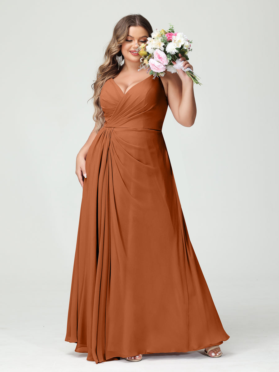 Vestidos Princesa/ Formato A com Alças Finas Sem Mangas Em Chiffon com Divisão Lateral Plus Size Vestidos de Dama de Honra com Bolsos