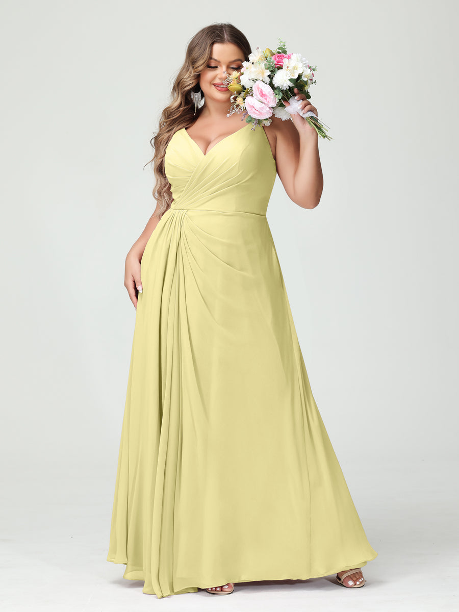 Vestidos Princesa/ Formato A com Alças Finas Sem Mangas Em Chiffon com Divisão Lateral Plus Size Vestidos de Dama de Honra com Bolsos