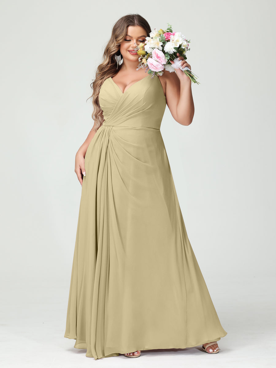 Vestidos Princesa/ Formato A com Alças Finas Sem Mangas Em Chiffon com Divisão Lateral Plus Size Vestidos de Dama de Honra com Bolsos