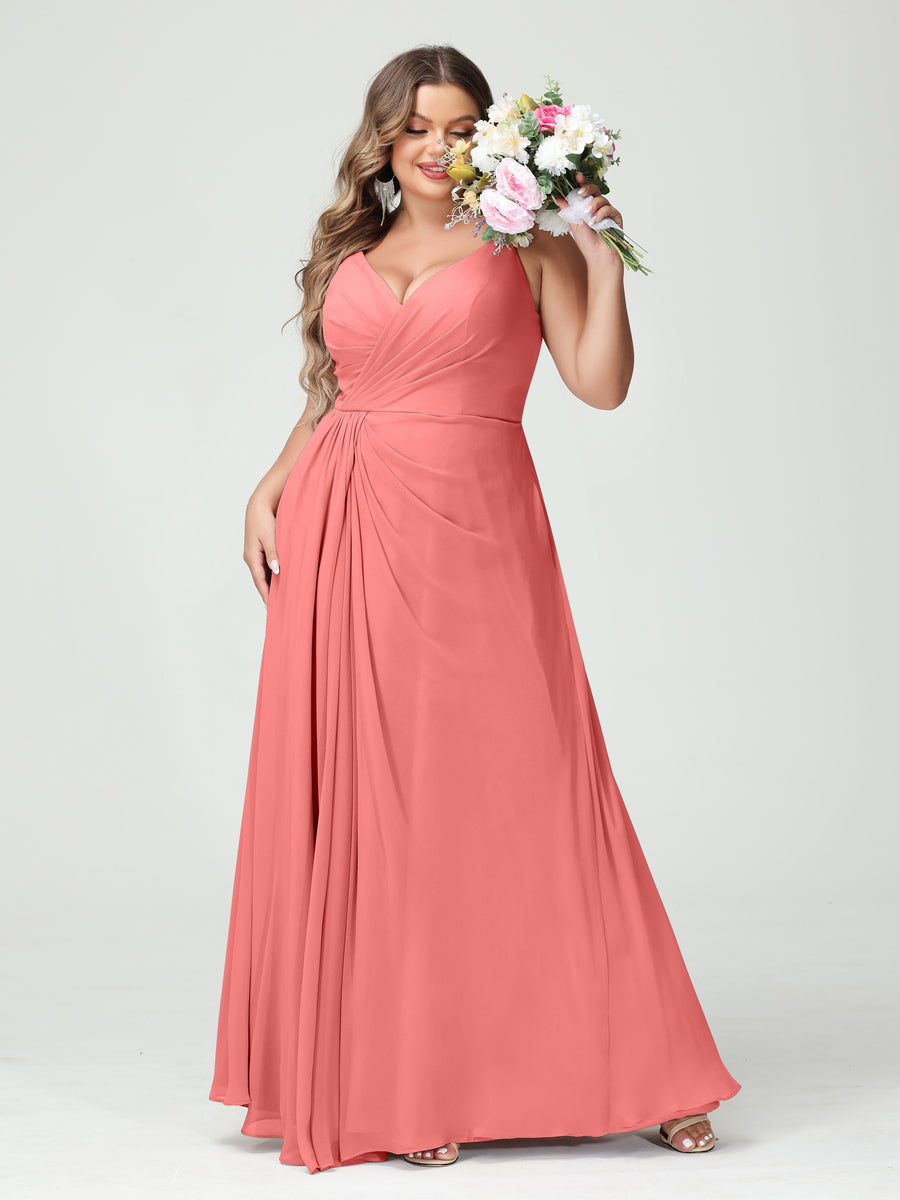 Vestidos Princesa/ Formato A com Alças Finas Sem Mangas Em Chiffon com Divisão Lateral Plus Size Vestidos de Dama de Honra com Bolsos