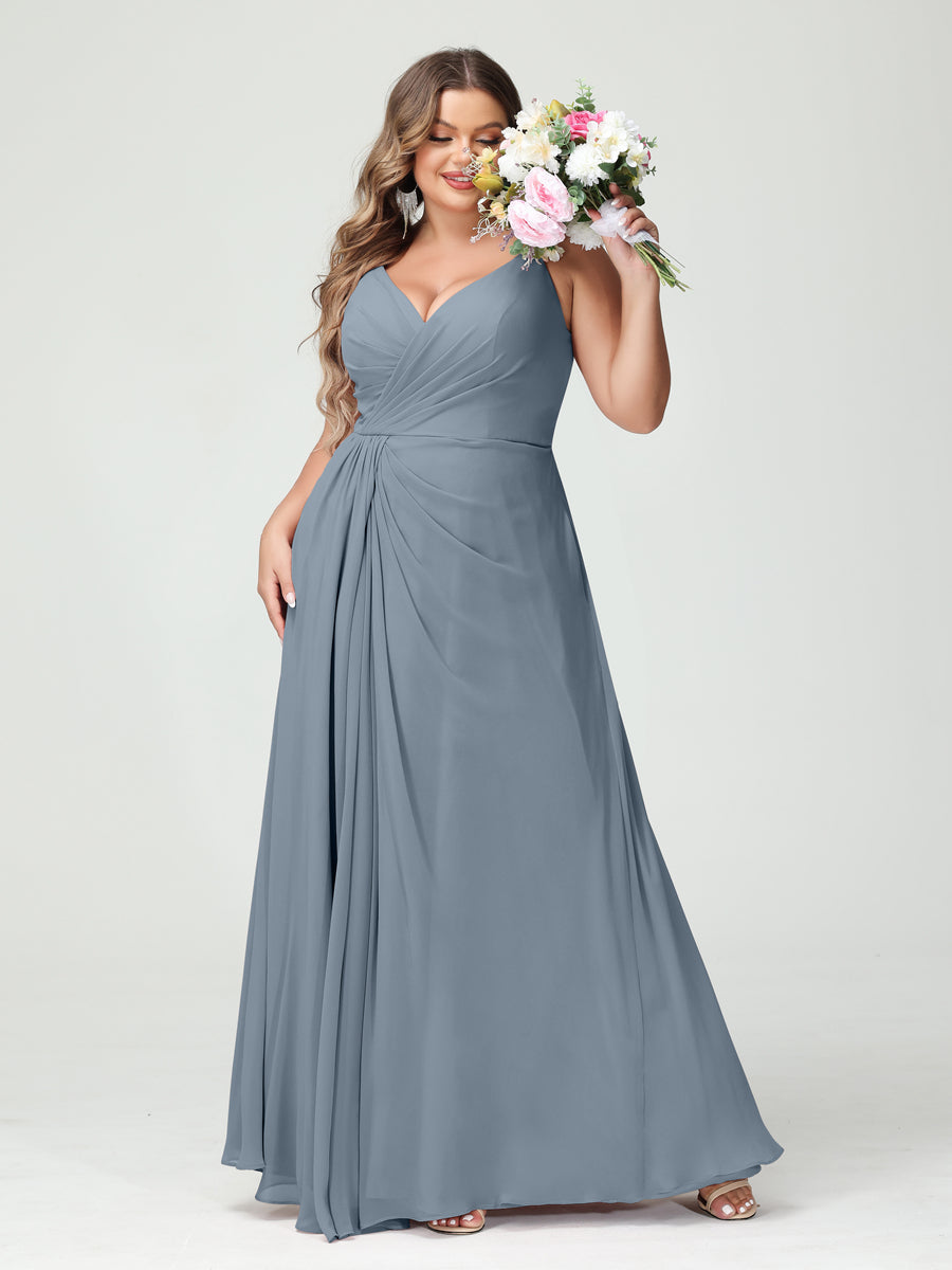 Vestidos Princesa/ Formato A com Alças Finas Sem Mangas Em Chiffon com Divisão Lateral Plus Size Vestidos de Dama de Honra com Bolsos