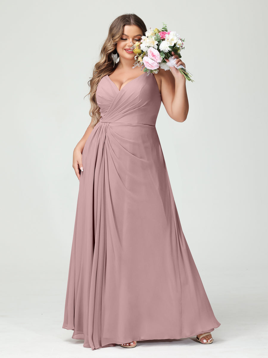 Vestidos Princesa/ Formato A com Alças Finas Sem Mangas Em Chiffon com Divisão Lateral Plus Size Vestidos de Dama de Honra com Bolsos