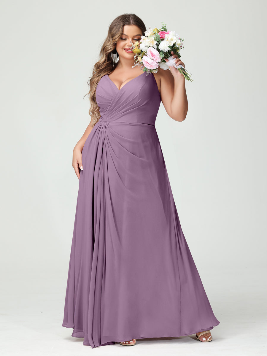 Vestidos Princesa/ Formato A com Alças Finas Sem Mangas Em Chiffon com Divisão Lateral Plus Size Vestidos de Dama de Honra com Bolsos