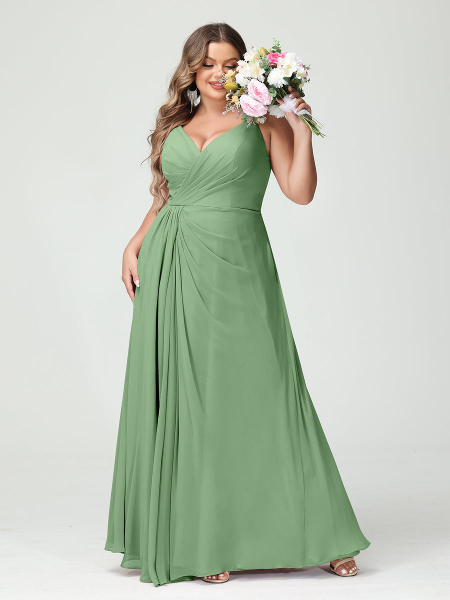Vestidos Princesa/ Formato A com Alças Finas Sem Mangas Em Chiffon com Divisão Lateral Plus Size Vestidos de Dama de Honra com Bolsos