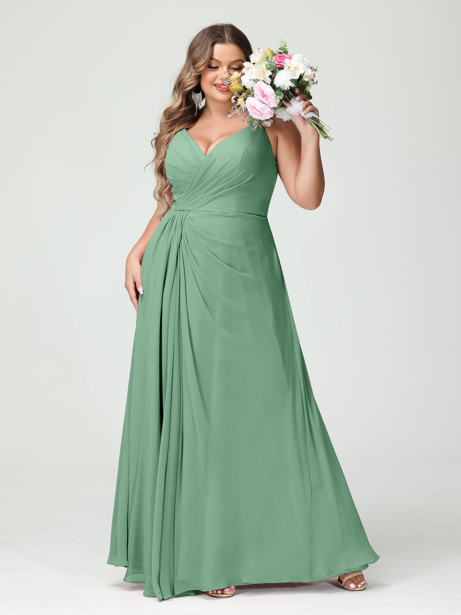 Vestidos Princesa/ Formato A com Alças Finas Sem Mangas Em Chiffon com Divisão Lateral Plus Size Vestidos de Dama de Honra com Bolsos