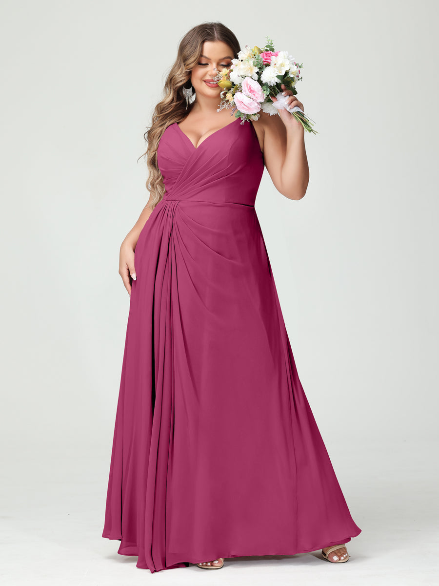 Vestidos Princesa/ Formato A com Alças Finas Sem Mangas Em Chiffon com Divisão Lateral Plus Size Vestidos de Dama de Honra com Bolsos
