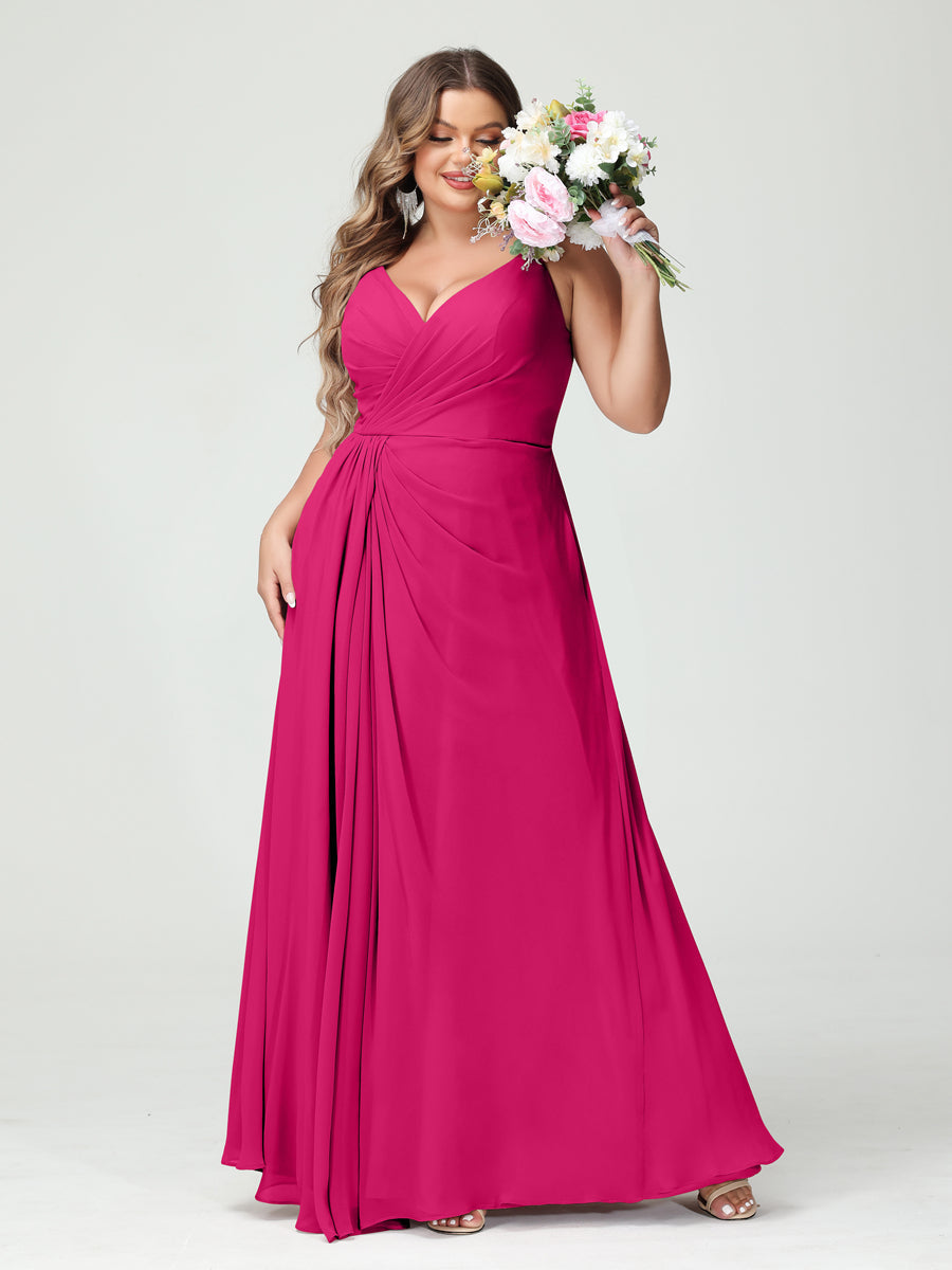 Vestidos Princesa/ Formato A com Alças Finas Sem Mangas Em Chiffon com Divisão Lateral Plus Size Vestidos de Dama de Honra com Bolsos