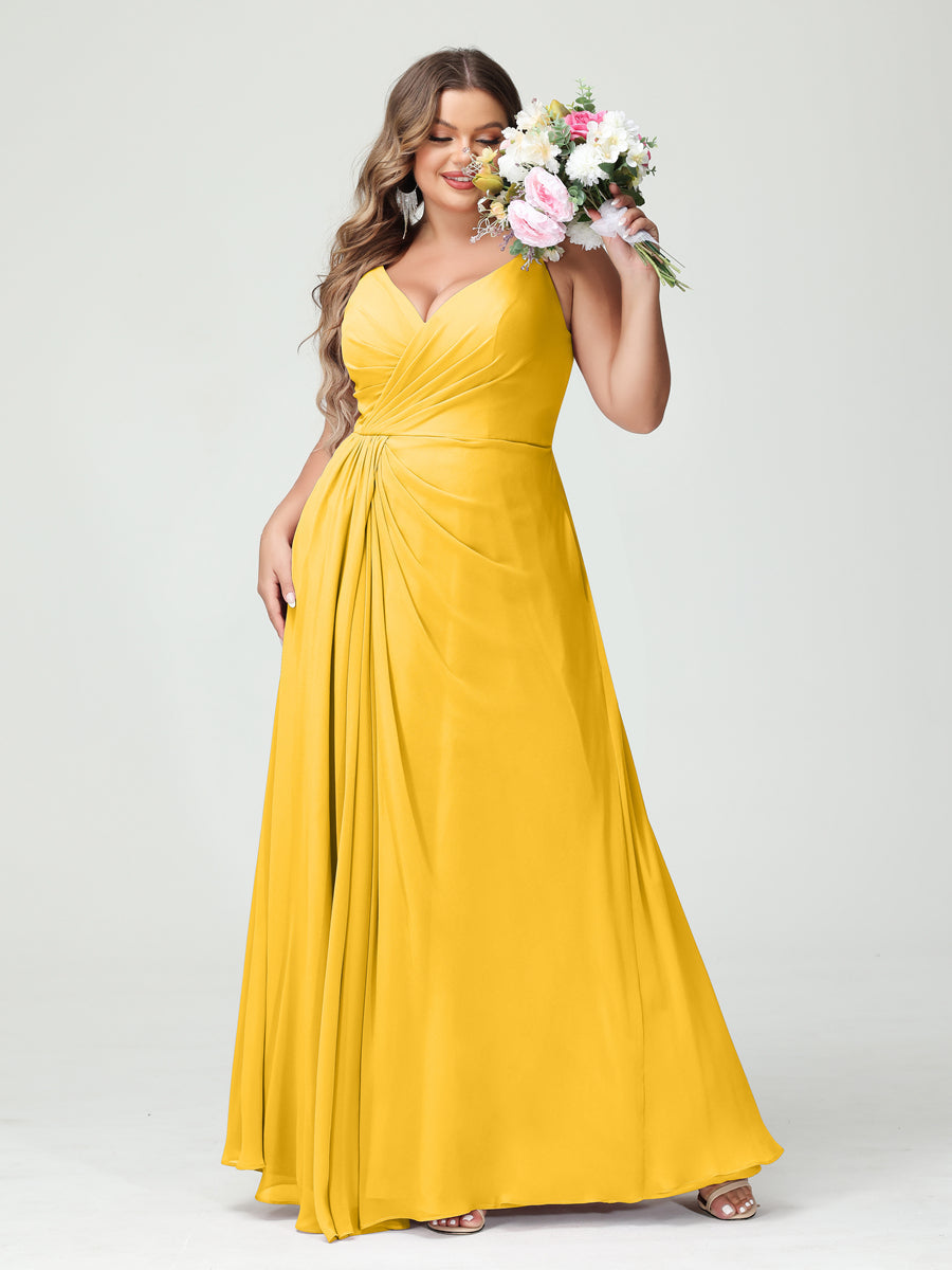 Vestidos Princesa/ Formato A com Alças Finas Sem Mangas Em Chiffon com Divisão Lateral Plus Size Vestidos de Dama de Honra com Bolsos