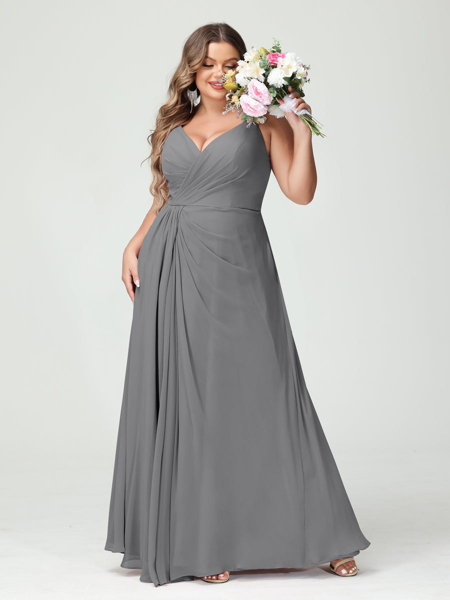 Vestidos Princesa/ Formato A com Alças Finas Sem Mangas Em Chiffon com Divisão Lateral Plus Size Vestidos de Dama de Honra com Bolsos