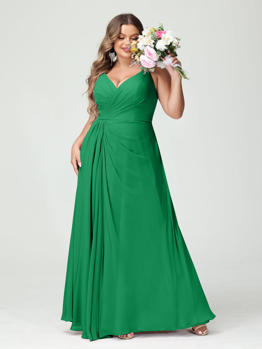 Vestidos Princesa/ Formato A com Alças Finas Sem Mangas Em Chiffon com Divisão Lateral Plus Size Vestidos de Dama de Honra com Bolsos