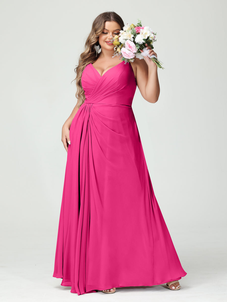 Vestidos Princesa/ Formato A com Alças Finas Sem Mangas Em Chiffon com Divisão Lateral Plus Size Vestidos de Dama de Honra com Bolsos