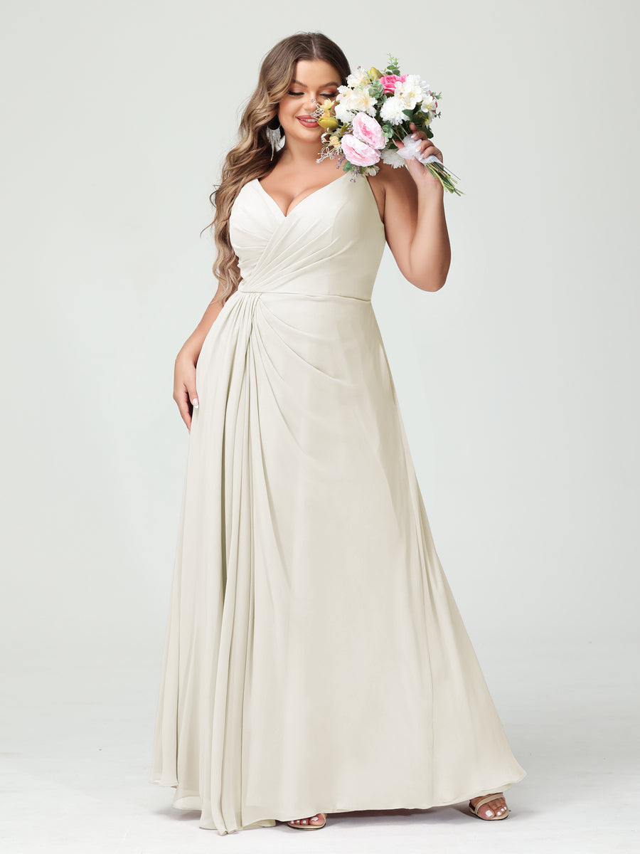 Vestidos Princesa/ Formato A com Alças Finas Sem Mangas Em Chiffon com Divisão Lateral Plus Size Vestidos de Dama de Honra com Bolsos