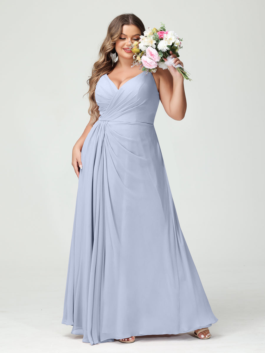 Vestidos Princesa/ Formato A com Alças Finas Sem Mangas Em Chiffon com Divisão Lateral Plus Size Vestidos de Dama de Honra com Bolsos