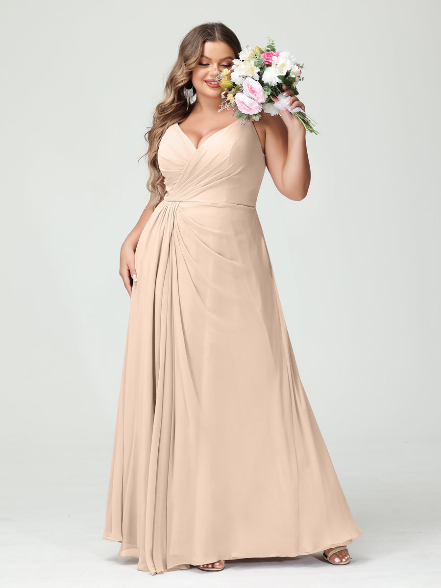 Vestidos Princesa/ Formato A com Alças Finas Sem Mangas Em Chiffon com Divisão Lateral Plus Size Vestidos de Dama de Honra com Bolsos