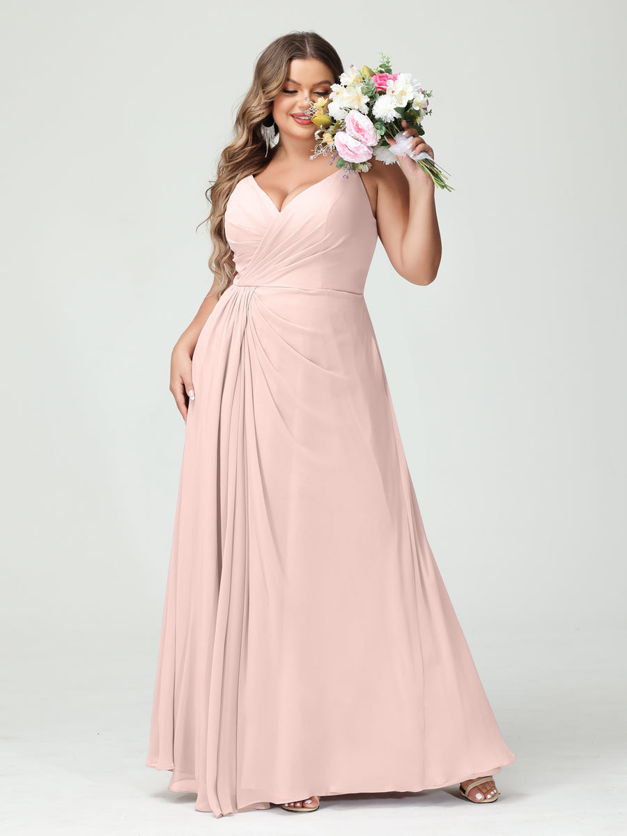 Vestidos Princesa/ Formato A com Alças Finas Sem Mangas Em Chiffon com Divisão Lateral Plus Size Vestidos de Dama de Honra com Bolsos