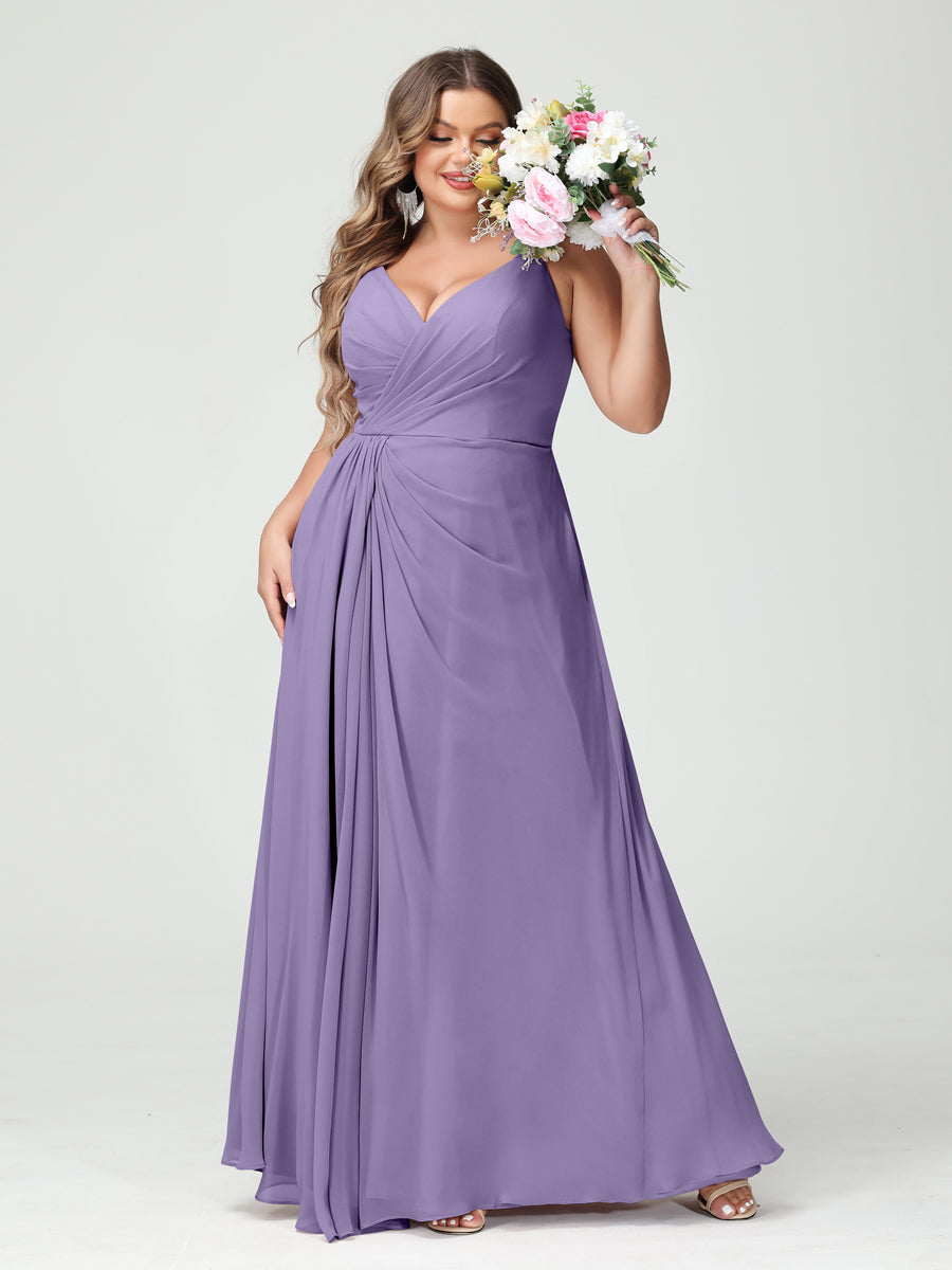 Vestidos Princesa/ Formato A com Alças Finas Sem Mangas Em Chiffon com Divisão Lateral Plus Size Vestidos de Dama de Honra com Bolsos