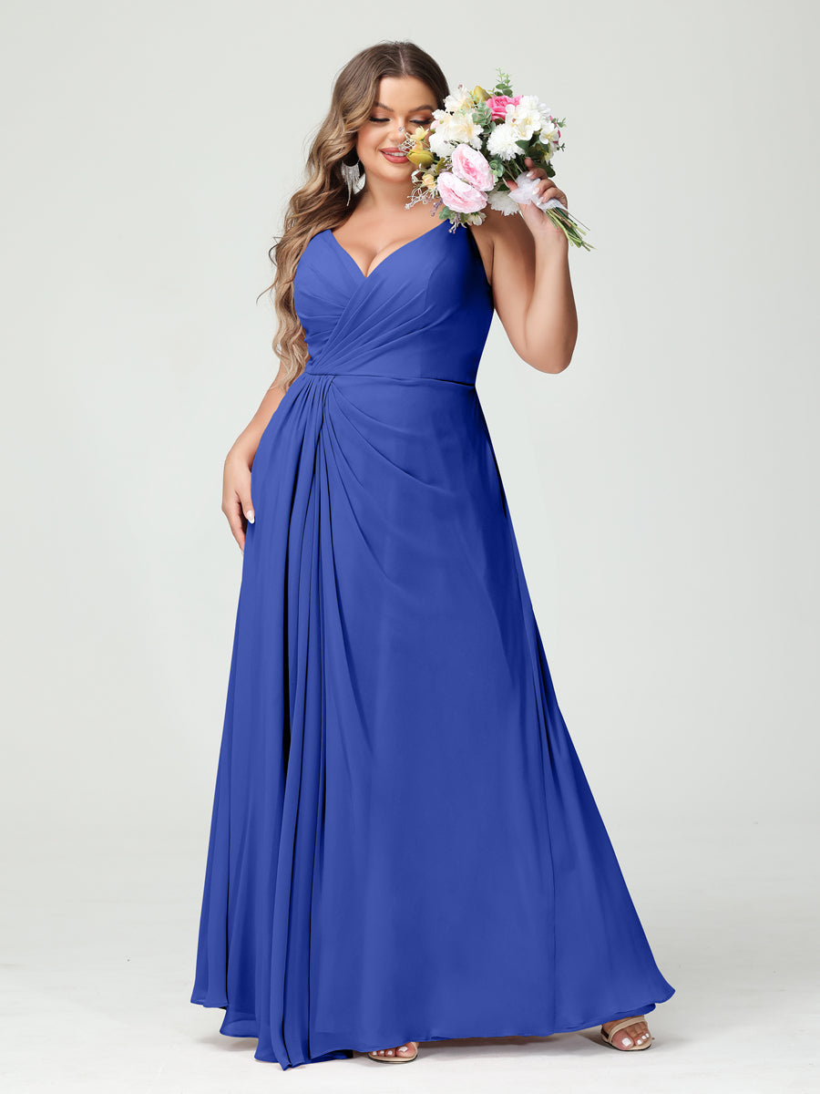 Vestidos Princesa/ Formato A com Alças Finas Sem Mangas Em Chiffon com Divisão Lateral Plus Size Vestidos de Dama de Honra com Bolsos