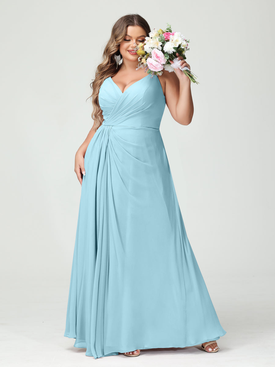 Vestidos Princesa/ Formato A com Alças Finas Sem Mangas Em Chiffon com Divisão Lateral Plus Size Vestidos de Dama de Honra com Bolsos