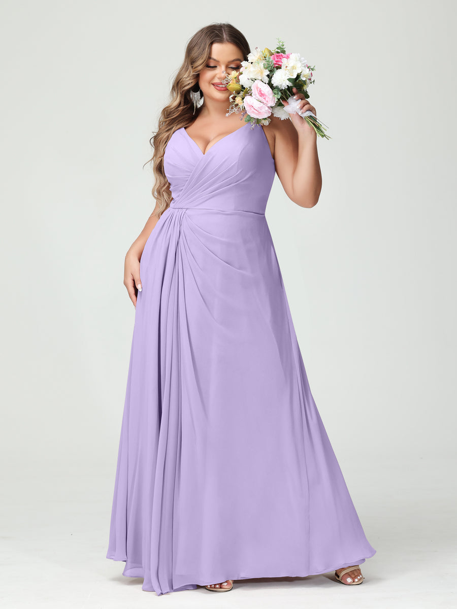 Vestidos Princesa/ Formato A com Alças Finas Sem Mangas Em Chiffon com Divisão Lateral Plus Size Vestidos de Dama de Honra com Bolsos