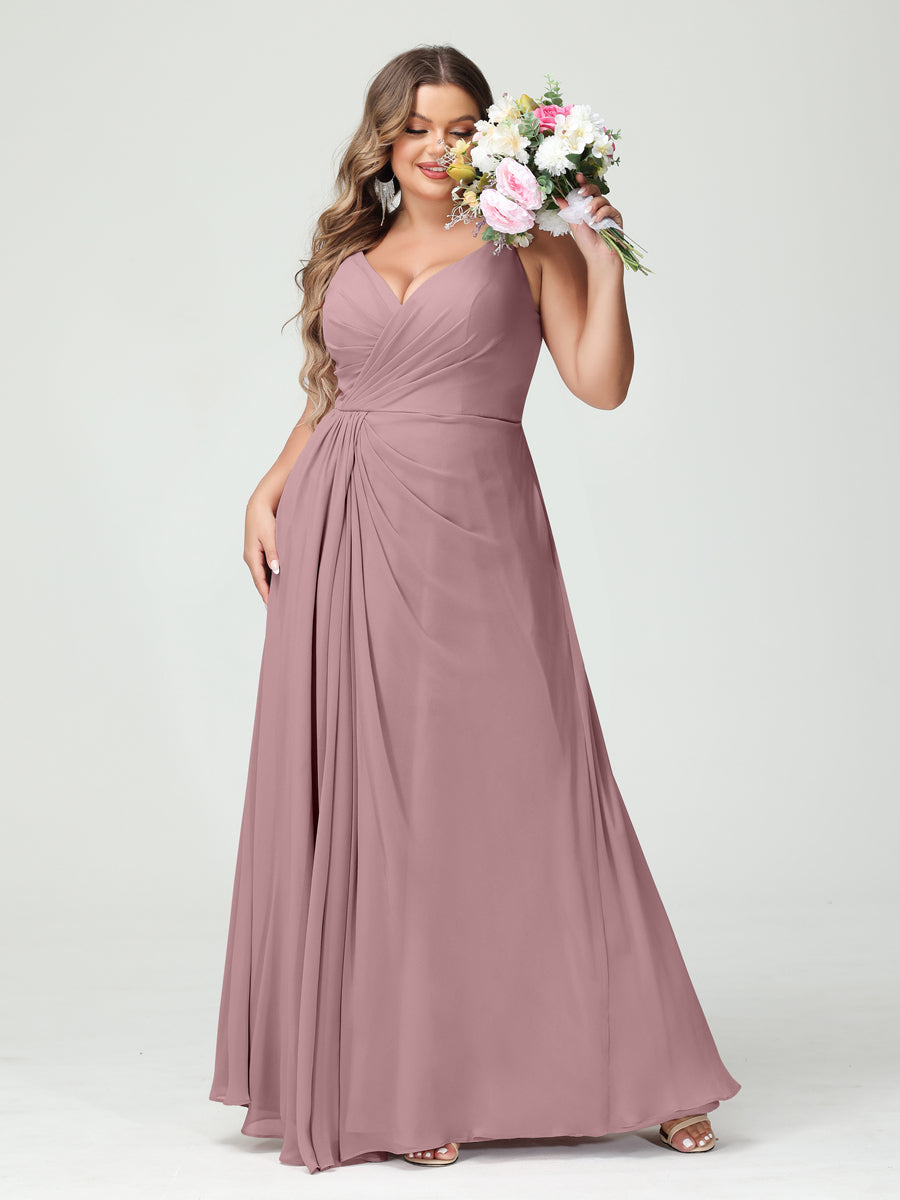 Vestidos Princesa/ Formato A com Alças Finas Sem Mangas Em Chiffon com Divisão Lateral Plus Size Vestidos de Dama de Honra com Bolsos