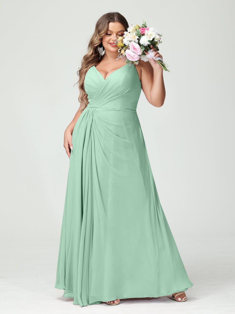 Vestidos Princesa/ Formato A com Alças Finas Sem Mangas Em Chiffon com Divisão Lateral Plus Size Vestidos de Dama de Honra com Bolsos