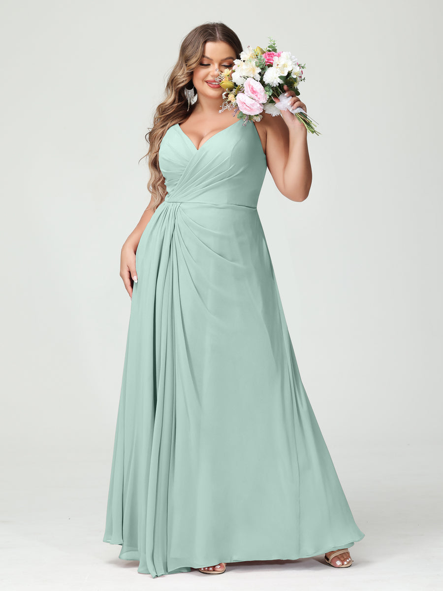 Vestidos Princesa/ Formato A com Alças Finas Sem Mangas Em Chiffon com Divisão Lateral Plus Size Vestidos de Dama de Honra com Bolsos