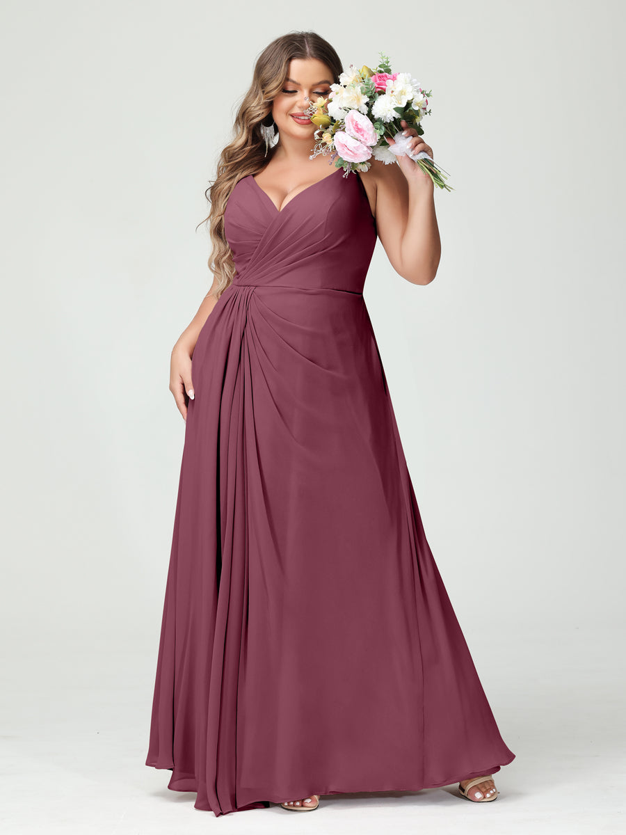 Vestidos Princesa/ Formato A com Alças Finas Sem Mangas Em Chiffon com Divisão Lateral Plus Size Vestidos de Dama de Honra com Bolsos