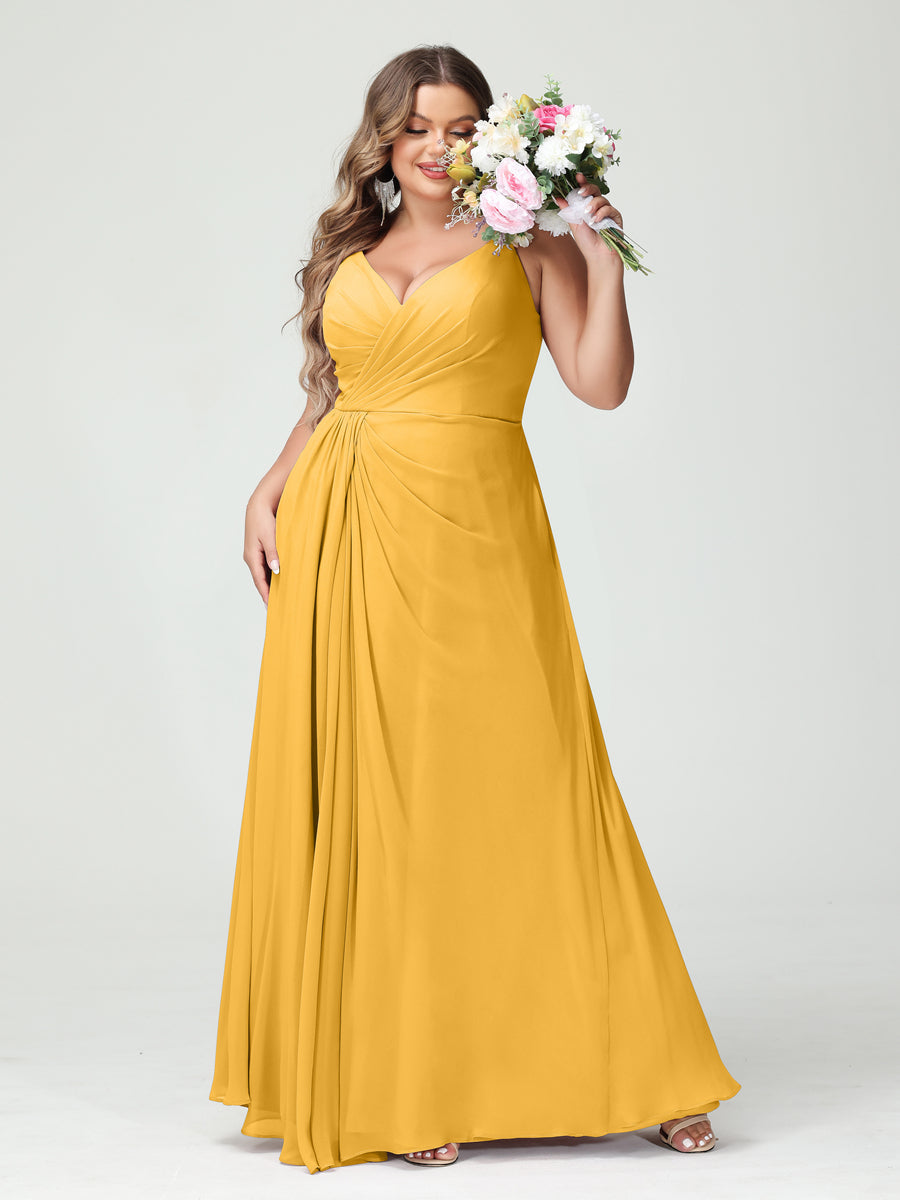 Vestidos Princesa/ Formato A com Alças Finas Sem Mangas Em Chiffon com Divisão Lateral Plus Size Vestidos de Dama de Honra com Bolsos