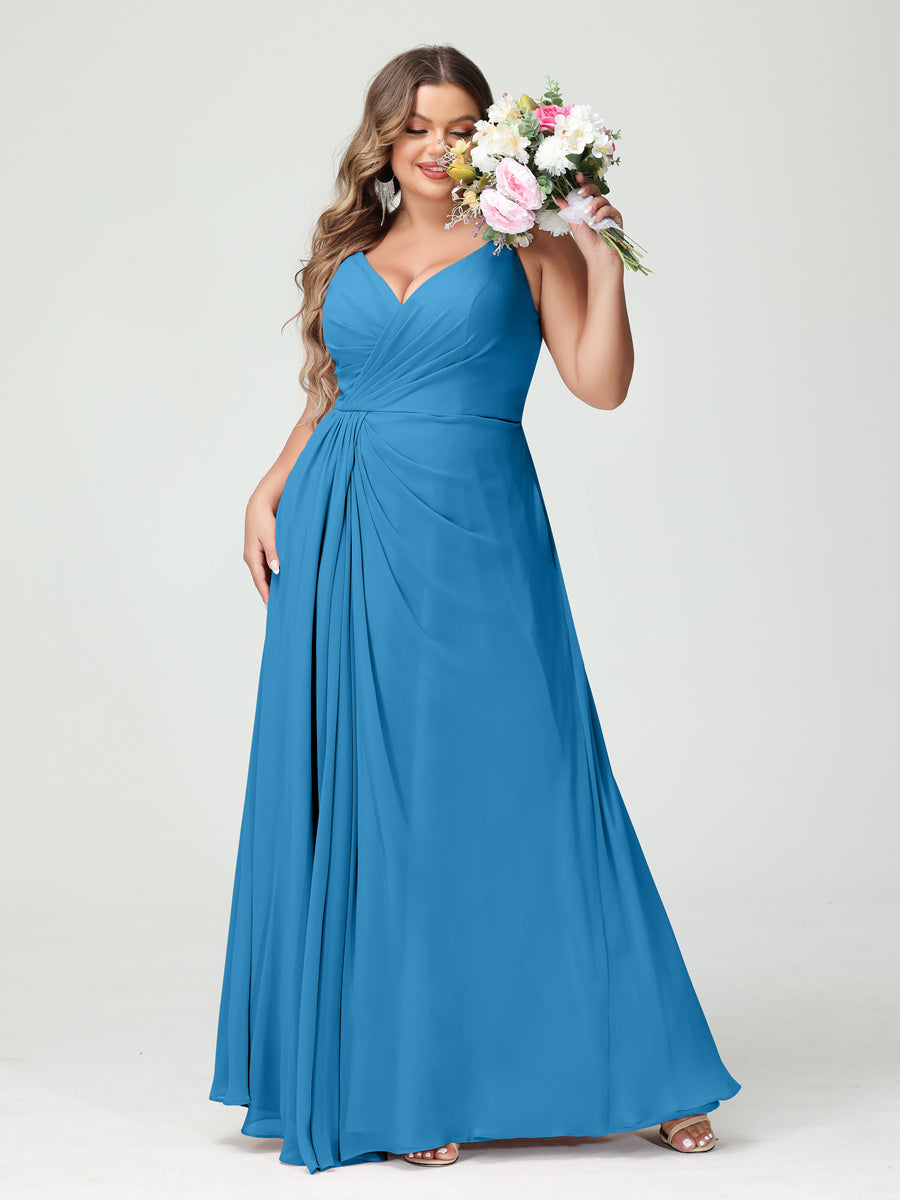 Vestidos Princesa/ Formato A com Alças Finas Sem Mangas Em Chiffon com Divisão Lateral Plus Size Vestidos de Dama de Honra com Bolsos