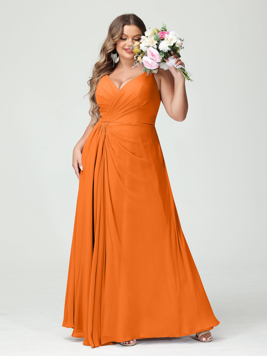 Vestidos Princesa/ Formato A com Alças Finas Sem Mangas Em Chiffon com Divisão Lateral Plus Size Vestidos de Dama de Honra com Bolsos