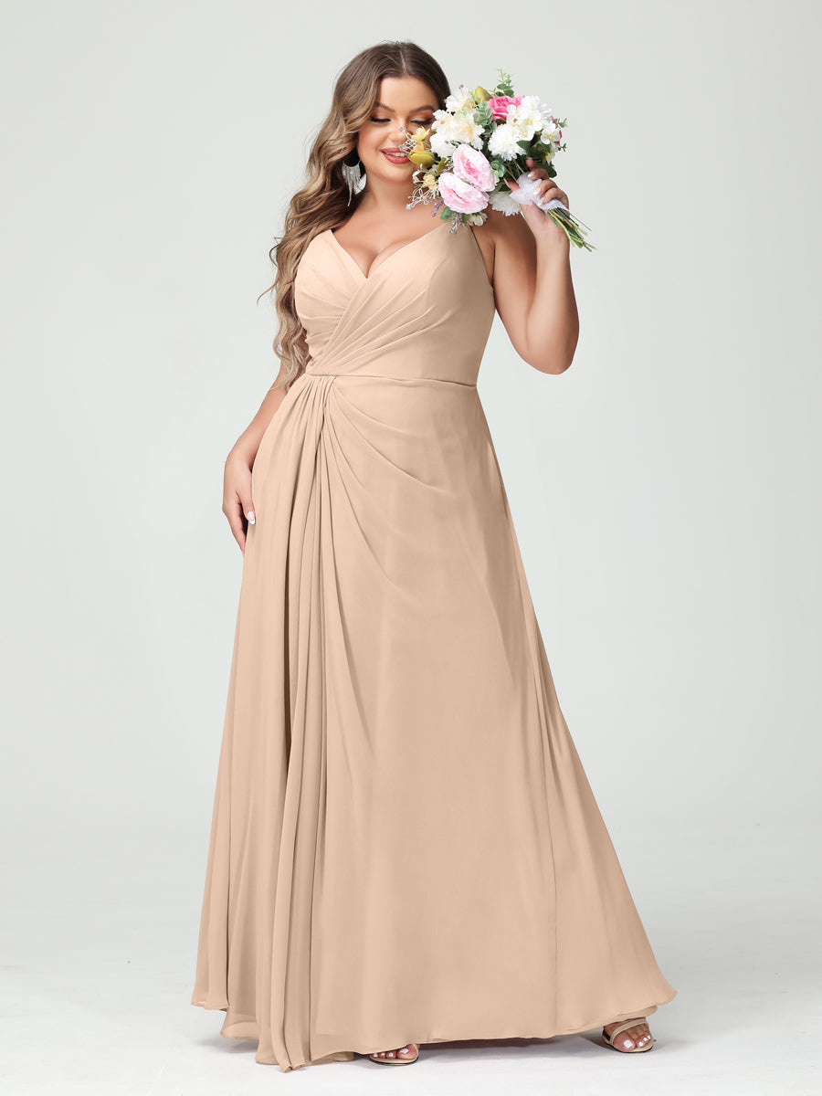 Vestidos Princesa/ Formato A com Alças Finas Sem Mangas Em Chiffon com Divisão Lateral Plus Size Vestidos de Dama de Honra com Bolsos