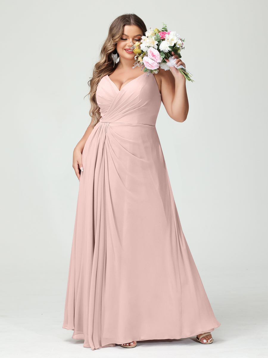 Vestidos Princesa/ Formato A com Alças Finas Sem Mangas Em Chiffon com Divisão Lateral Plus Size Vestidos de Dama de Honra com Bolsos