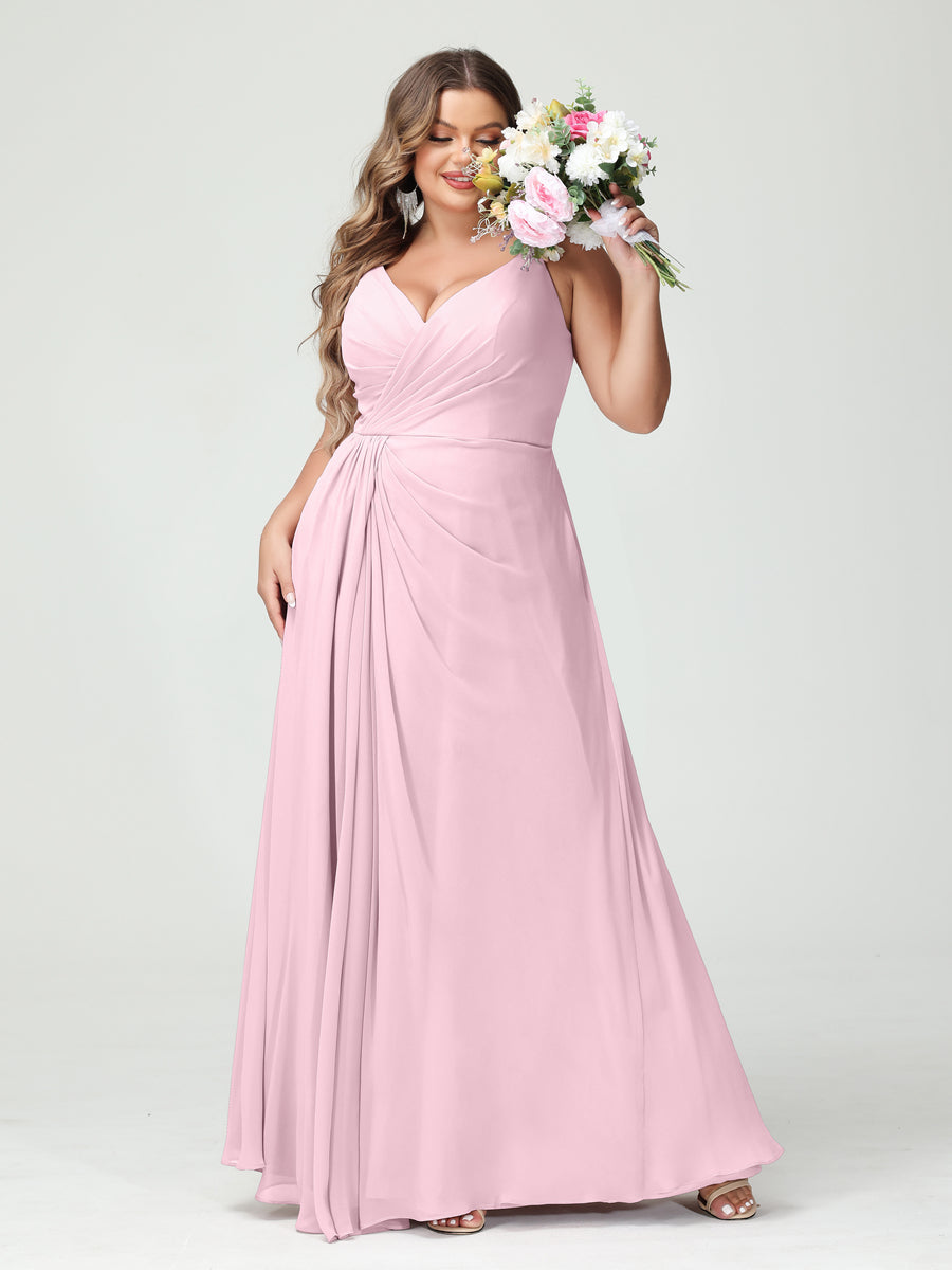 Vestidos Princesa/ Formato A com Alças Finas Sem Mangas Em Chiffon com Divisão Lateral Plus Size Vestidos de Dama de Honra com Bolsos