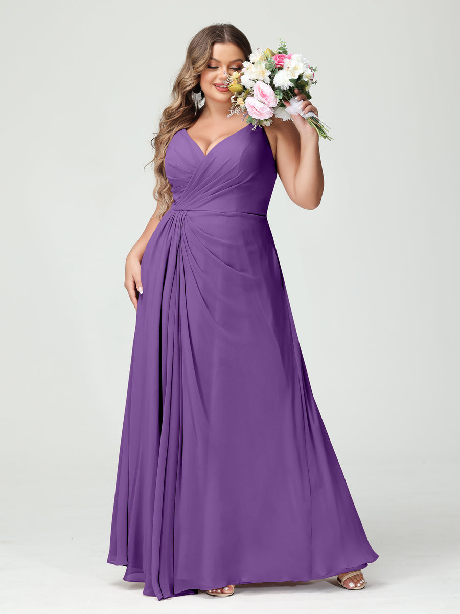 Vestidos Princesa/ Formato A com Alças Finas Sem Mangas Em Chiffon com Divisão Lateral Plus Size Vestidos de Dama de Honra com Bolsos