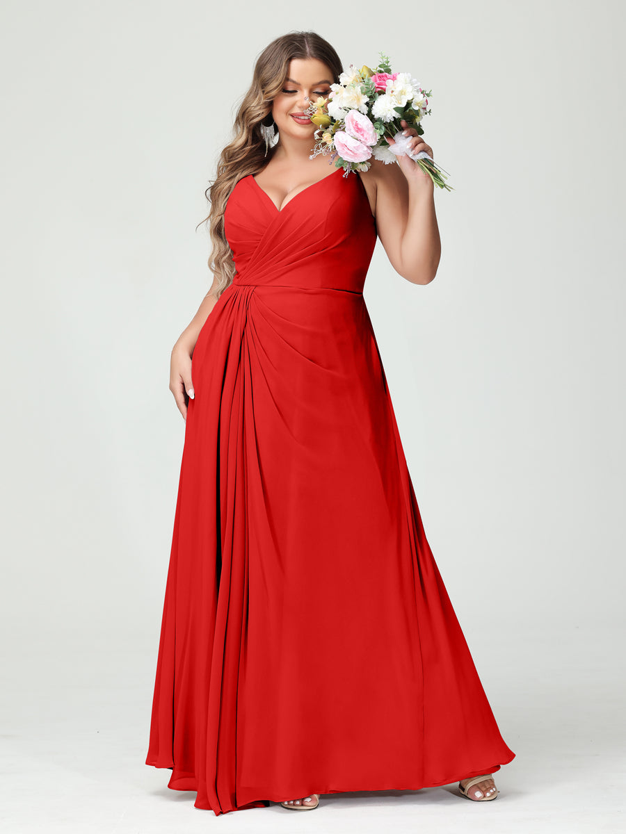Vestidos Princesa/ Formato A com Alças Finas Sem Mangas Em Chiffon com Divisão Lateral Plus Size Vestidos de Dama de Honra com Bolsos