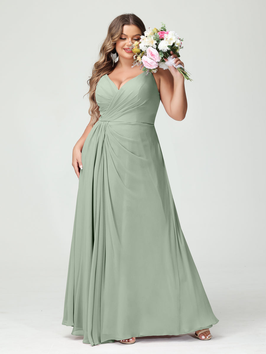 Vestidos Princesa/ Formato A com Alças Finas Sem Mangas Em Chiffon com Divisão Lateral Plus Size Vestidos de Dama de Honra com Bolsos