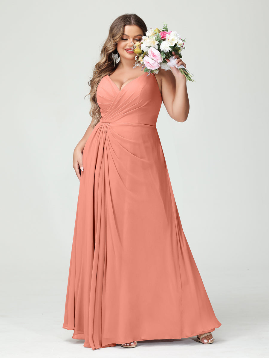 Vestidos Princesa/ Formato A com Alças Finas Sem Mangas Em Chiffon com Divisão Lateral Plus Size Vestidos de Dama de Honra com Bolsos