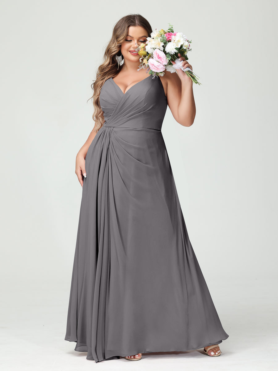 Vestidos Princesa/ Formato A com Alças Finas Sem Mangas Em Chiffon com Divisão Lateral Plus Size Vestidos de Dama de Honra com Bolsos
