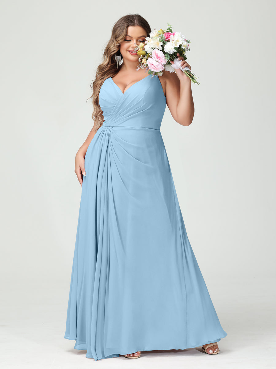 Vestidos Princesa/ Formato A com Alças Finas Sem Mangas Em Chiffon com Divisão Lateral Plus Size Vestidos de Dama de Honra com Bolsos