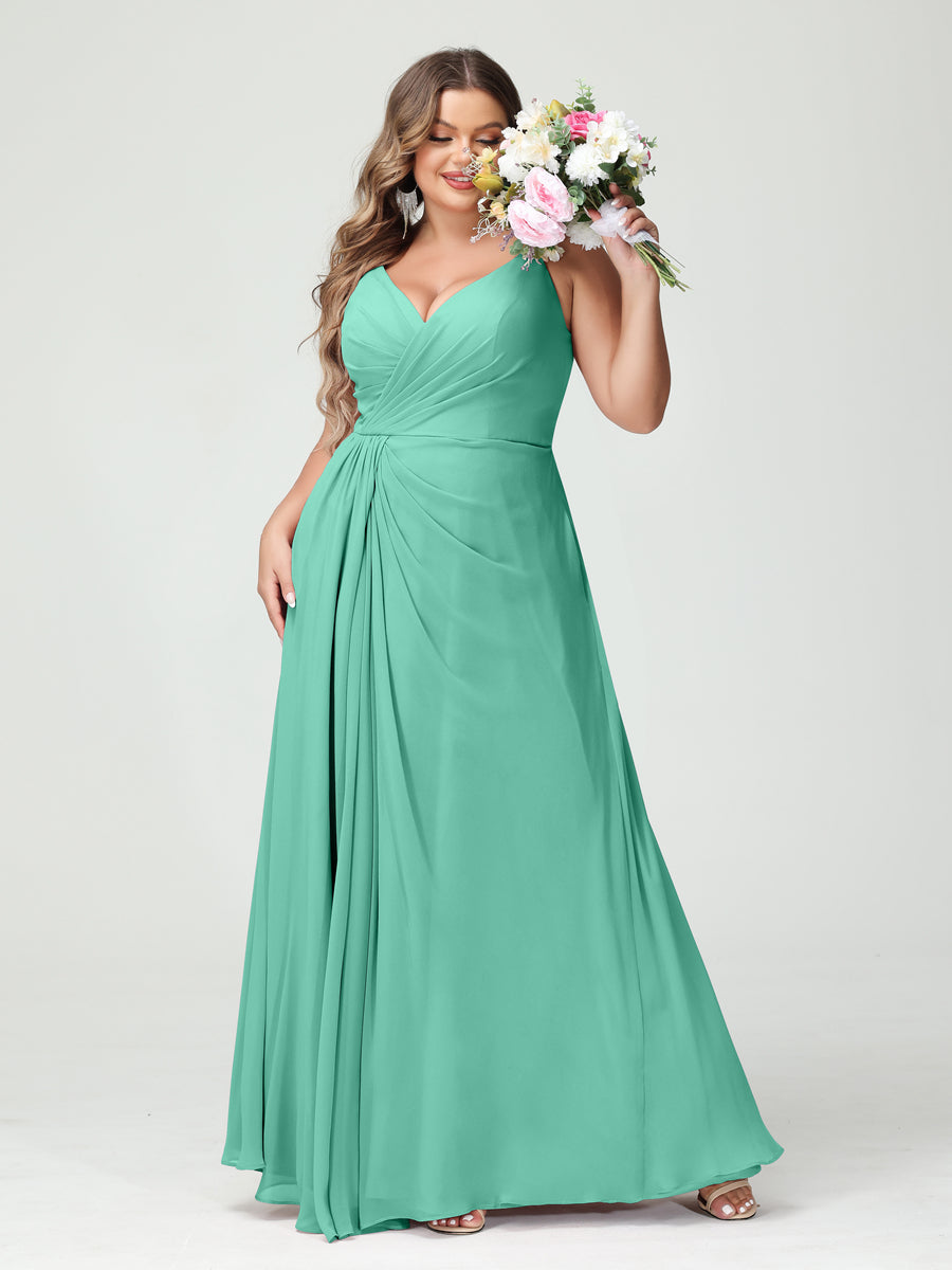 Vestidos Princesa/ Formato A com Alças Finas Sem Mangas Em Chiffon com Divisão Lateral Plus Size Vestidos de Dama de Honra com Bolsos